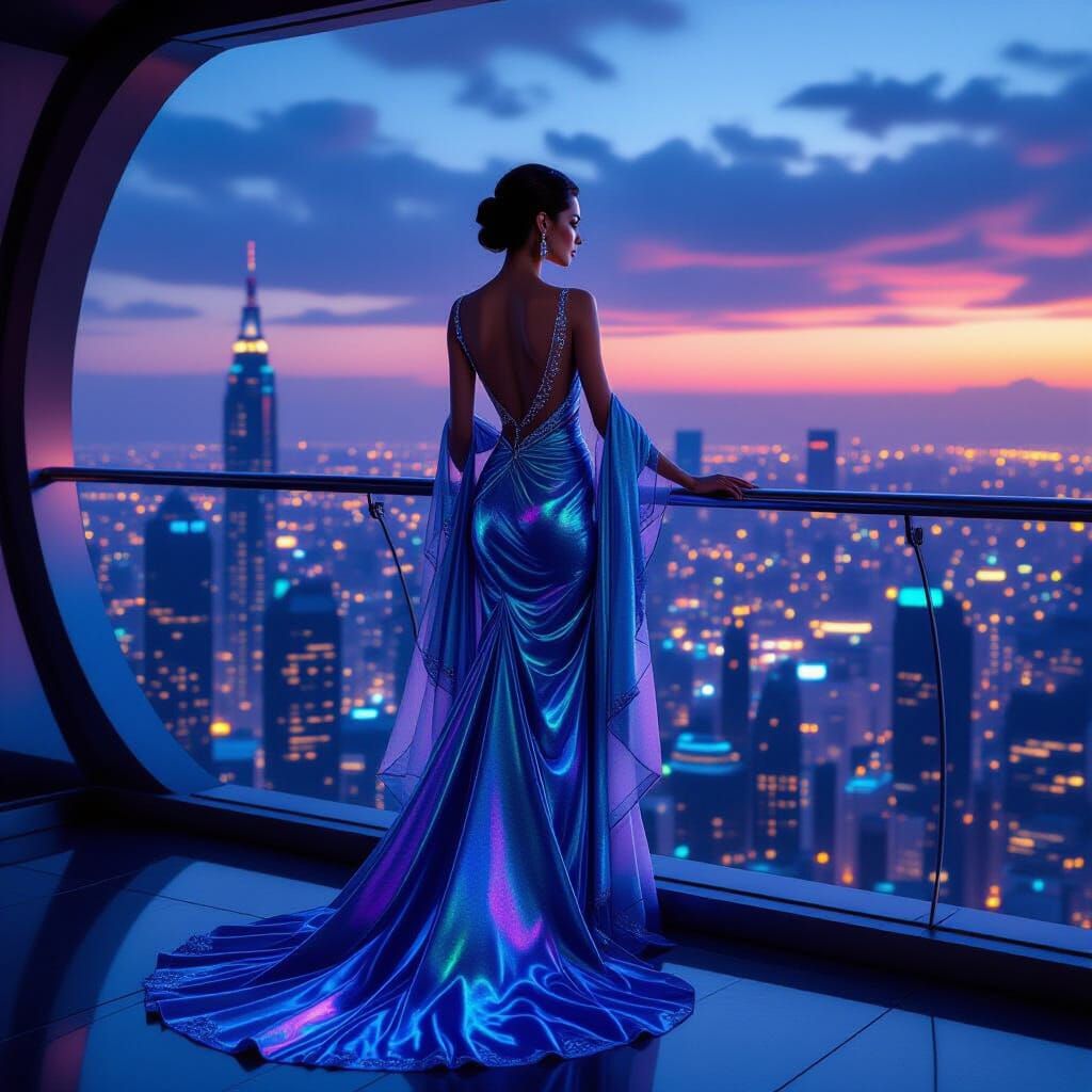 Futuristic Woman in Iridescent Gown at Twilight