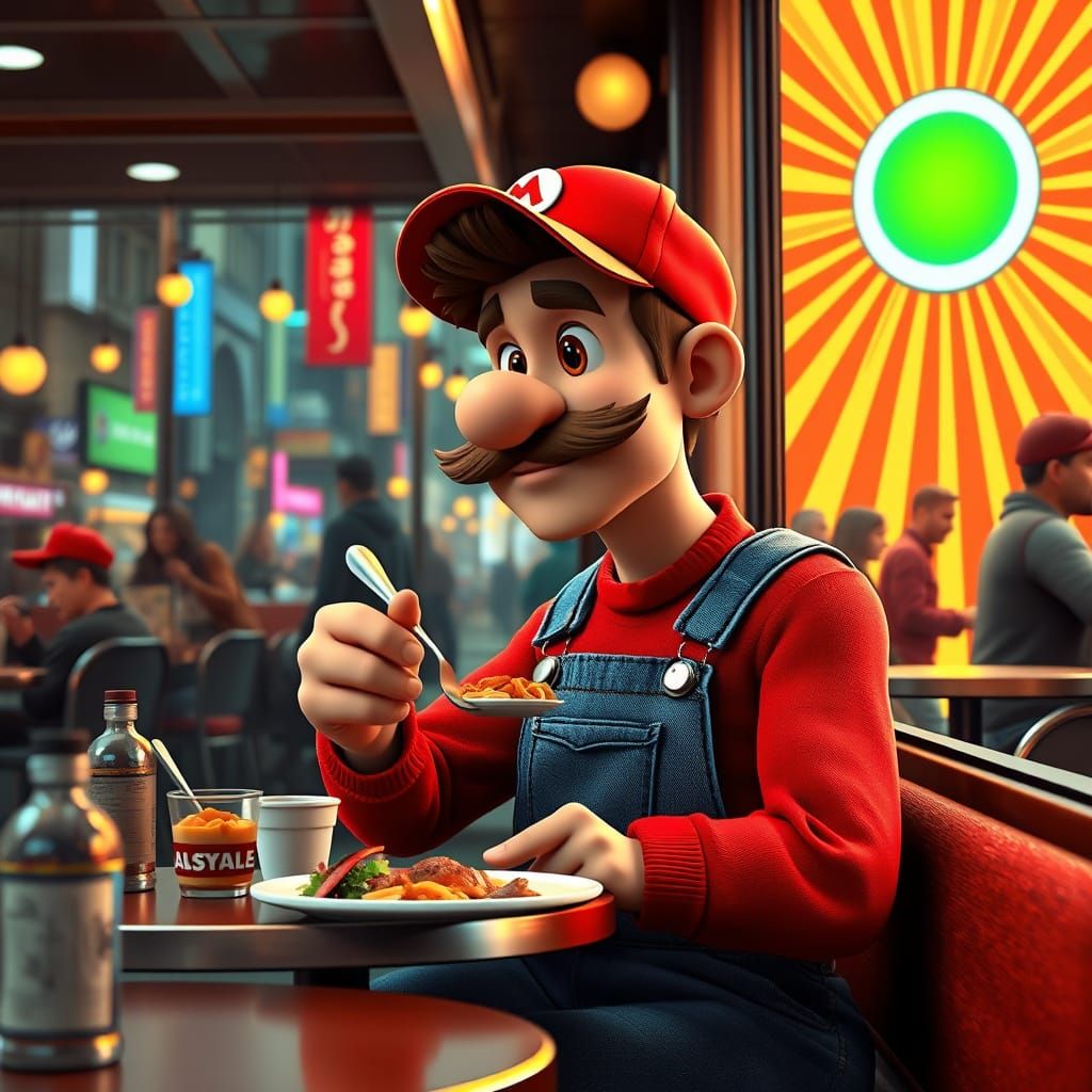CGI Plumber in a Bustling New York City Cafe