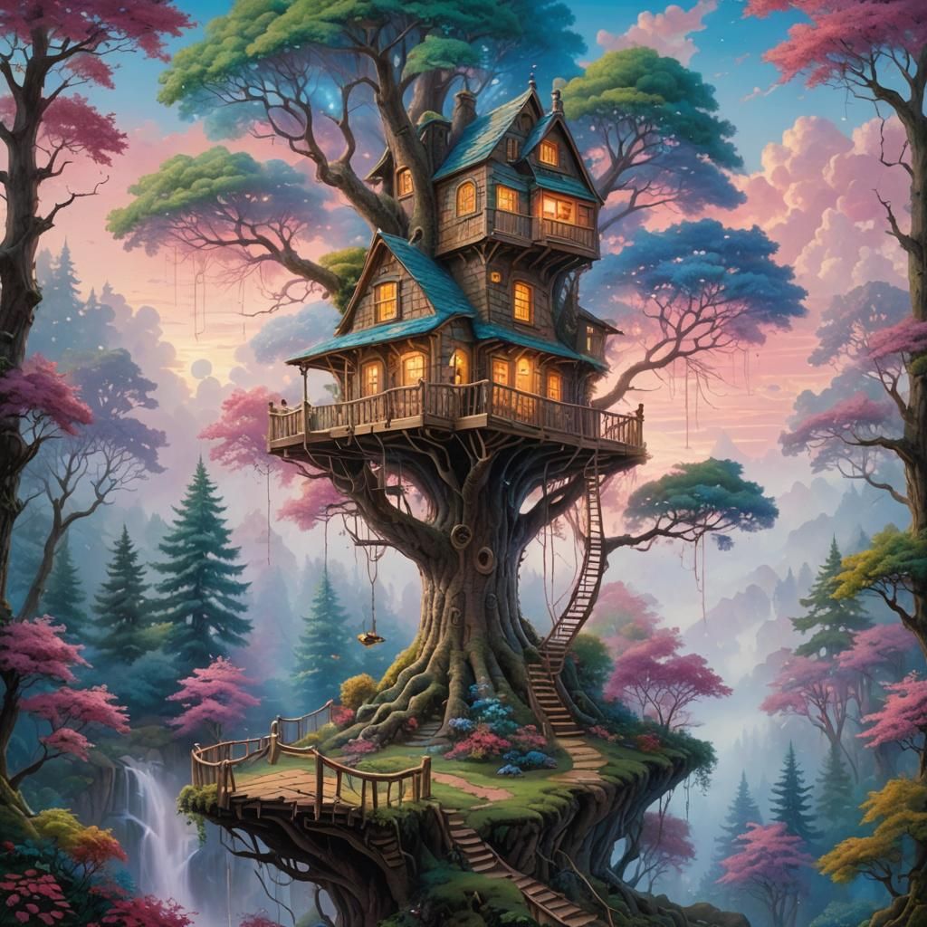 Hyperrealistic Multicolored Treehouse in Ethereal Forest