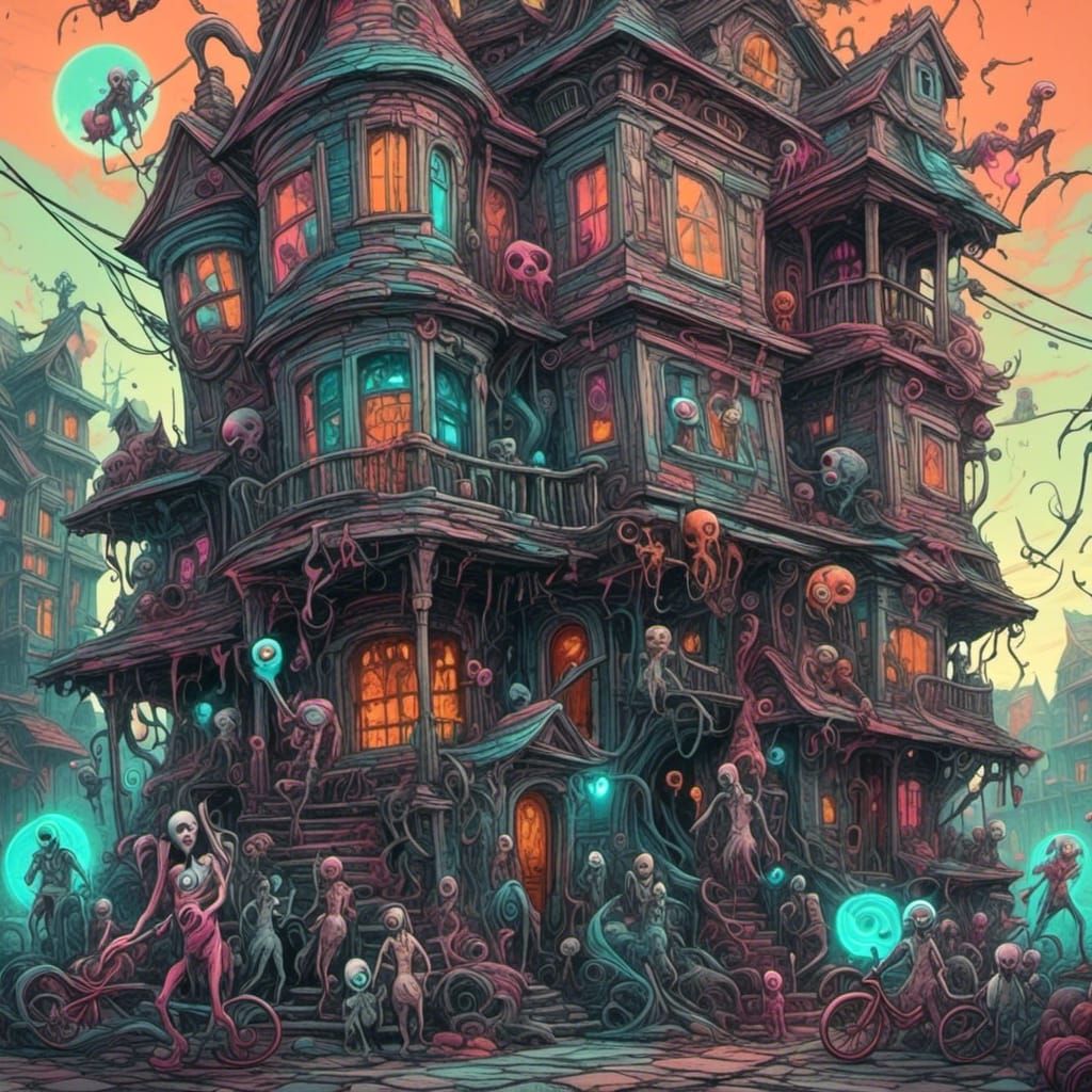 Haunted Care Home with Ghosts in Psychedelic Style