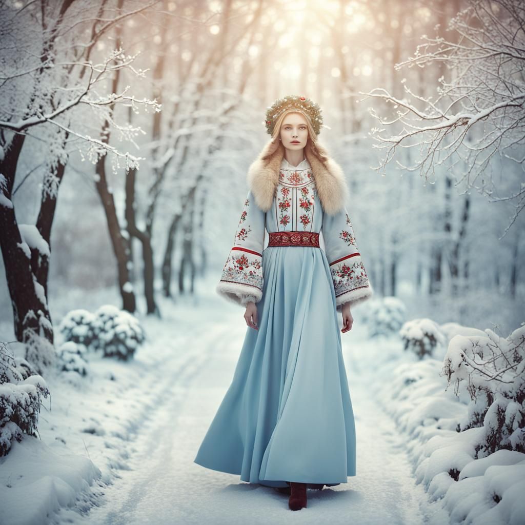 Russian Model in Snowy Wonderland, Klimt-Style Digital Art