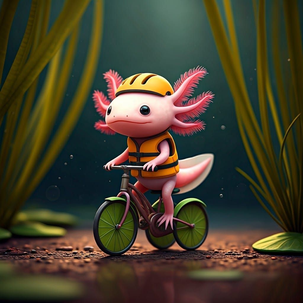 Axolotl in Whimsical Fantasy Bicycle Ride