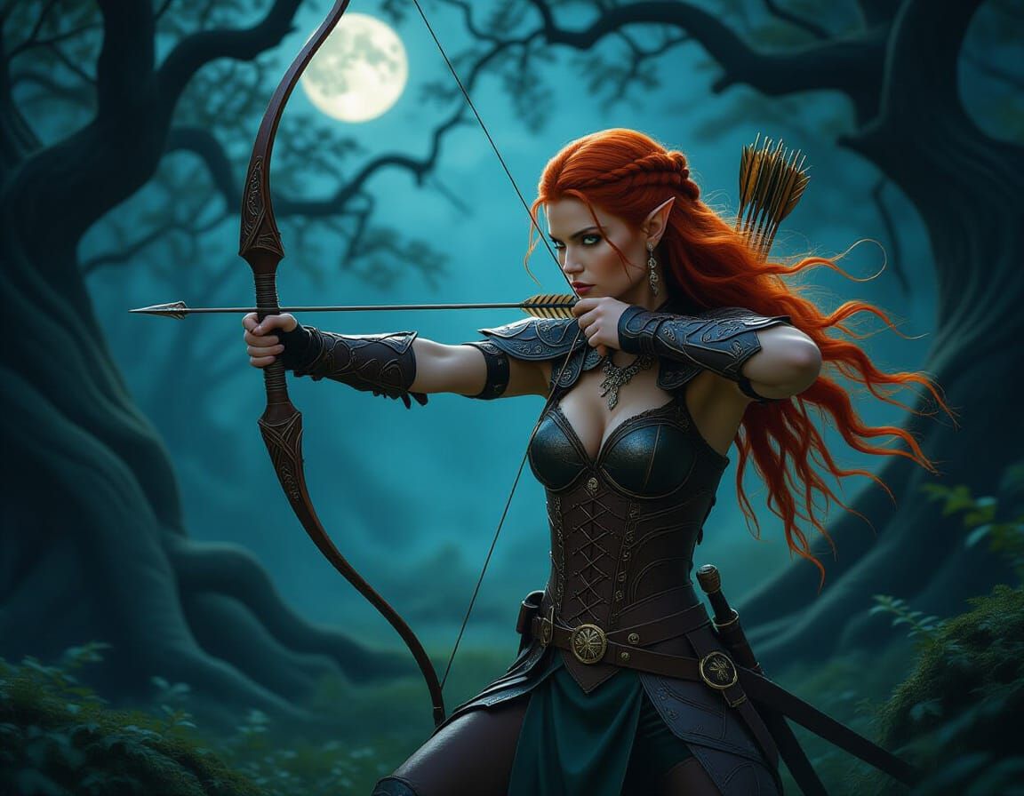 Elven Huntress in Moonlit Forest, Ethereal Fantasy Style