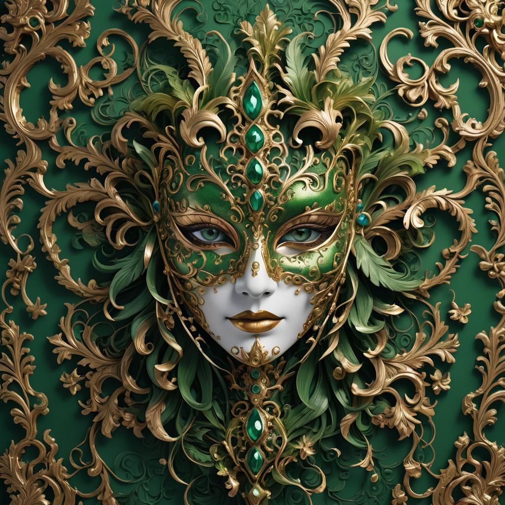 Baroque Mask with Green Eyes, Detailed Matte Painting
