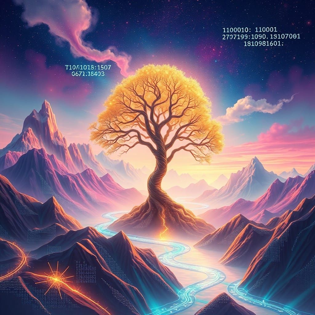 Surreal Digital Landscape with Data Rivers and Neural Tree