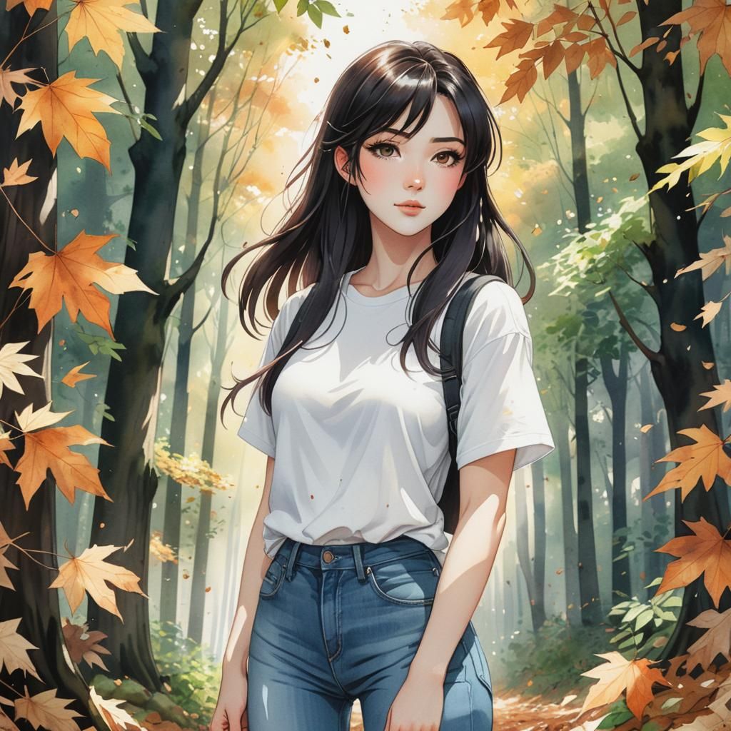 Anime Girl in Forest with Falling Leaves