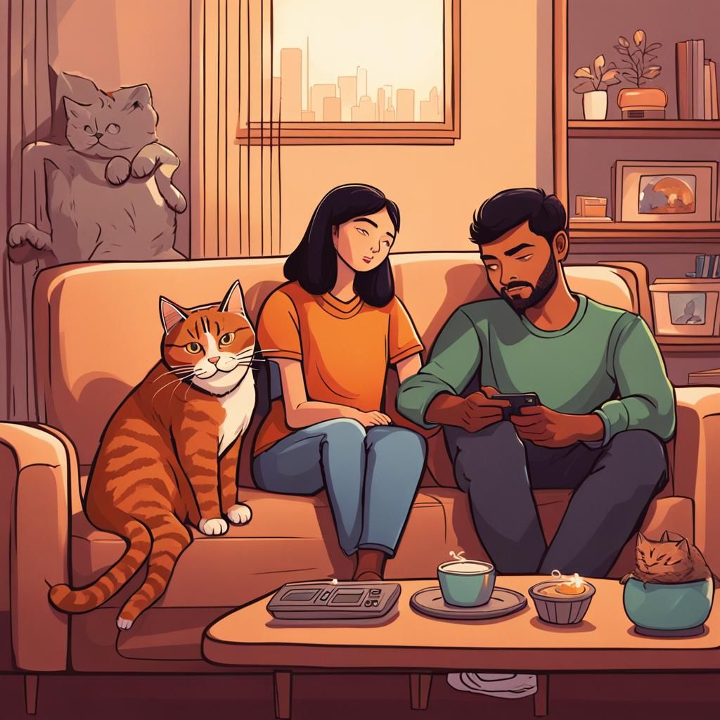 Couple Watches TV, Cartoon Style