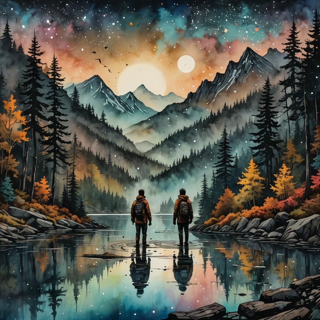 Inkpunk Couple in Misty Mountain Forest