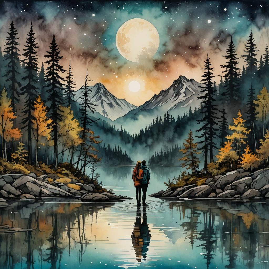 Ethereal Nighttime Scene by the Lake in a Muted Inkpunk Styl...
