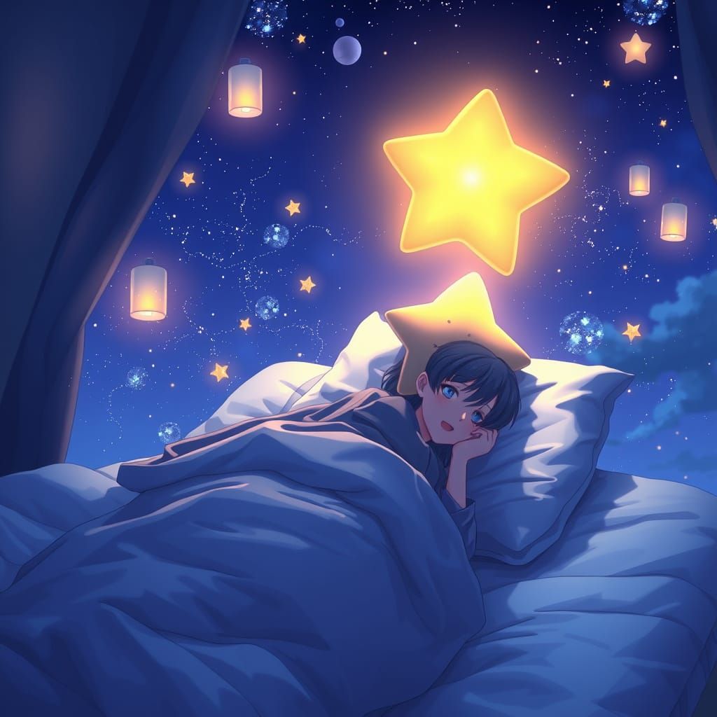 Romantic Anime Scene with Floating Lanterns and Sleepy Stars