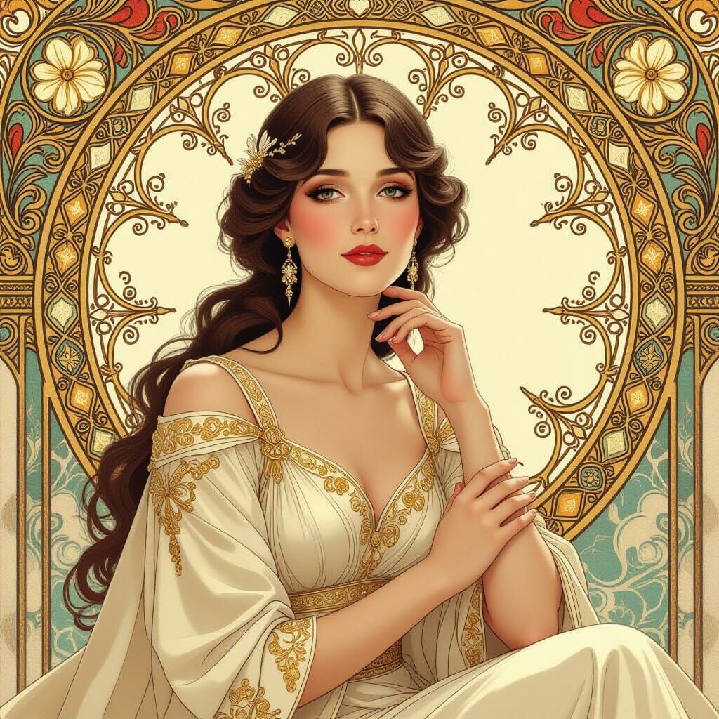 Ethereal Woman in Opulent Attire, Art Nouveau Style