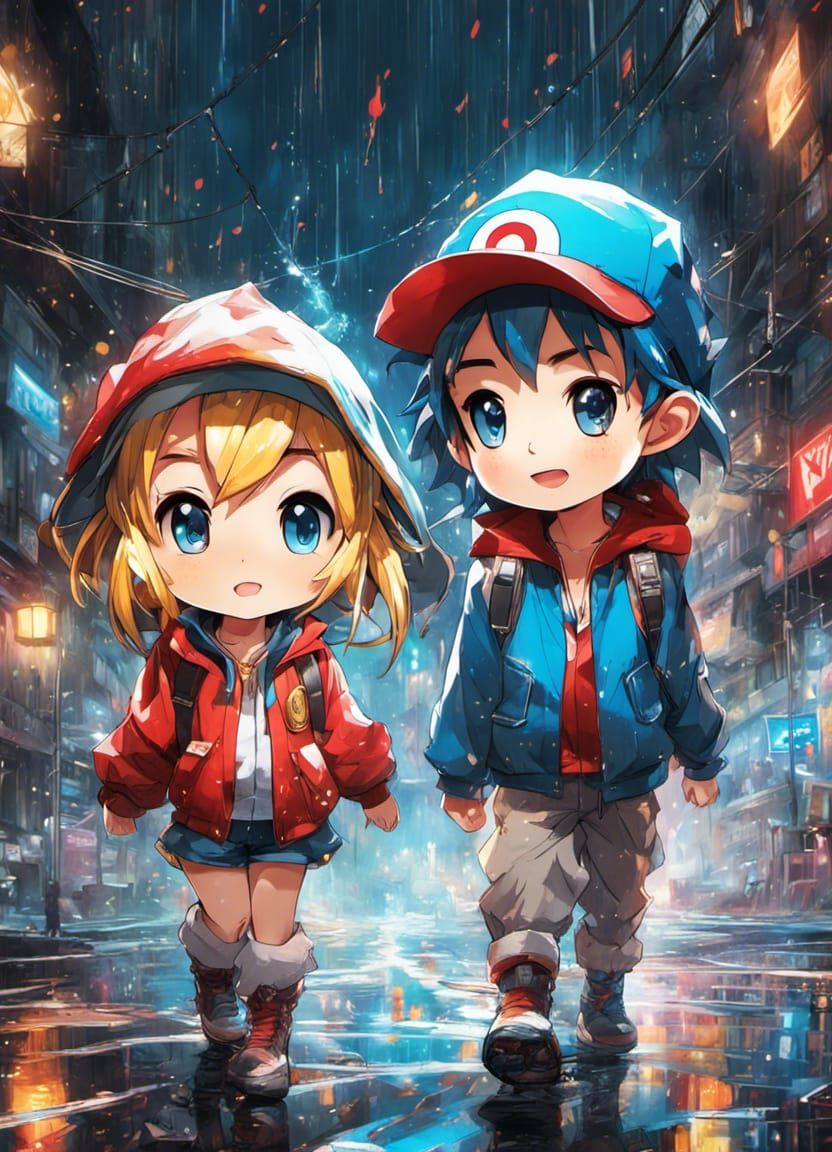 "Cute adorable chibified Misty and Ash Ketchum detailed sharp prismatic eyes, raining, metal shine, water dripping, by A...