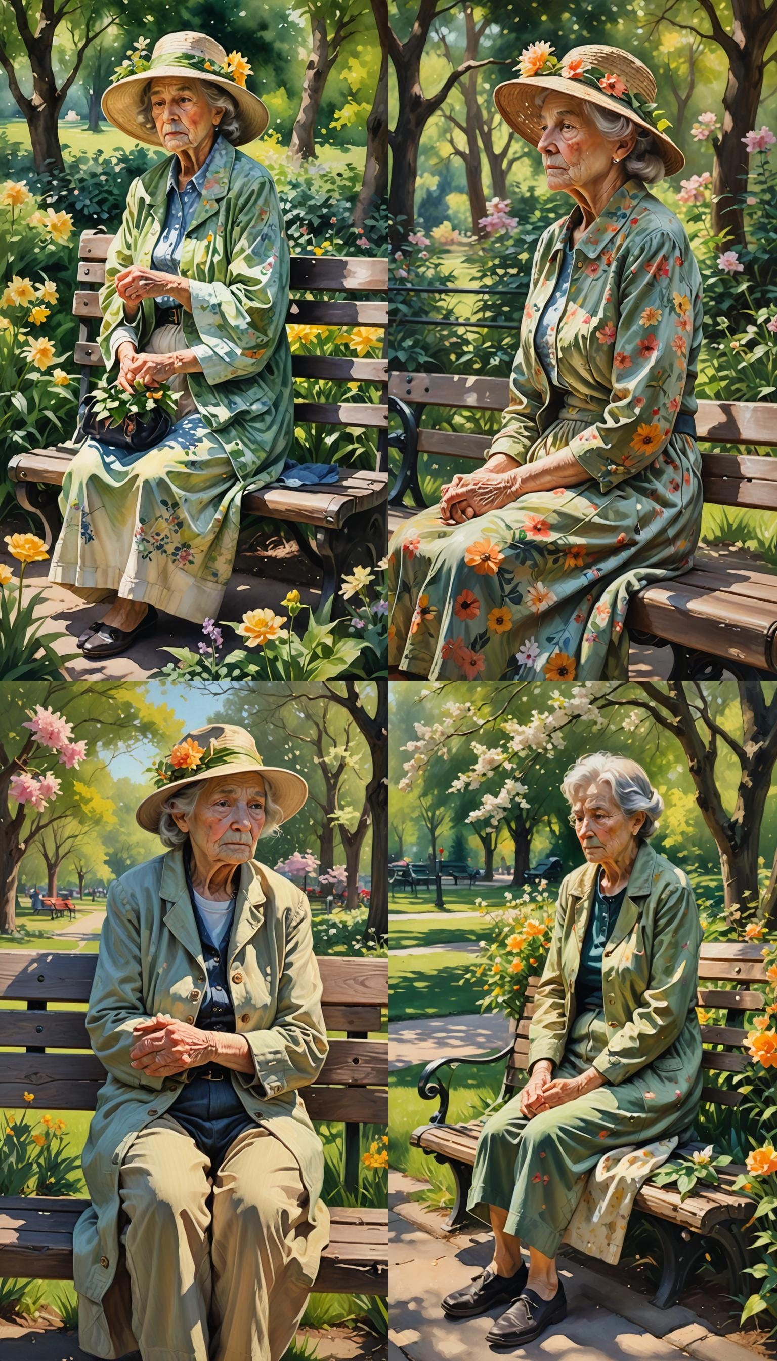 Elderly Woman Philosophizing in Spring, Oil Painting