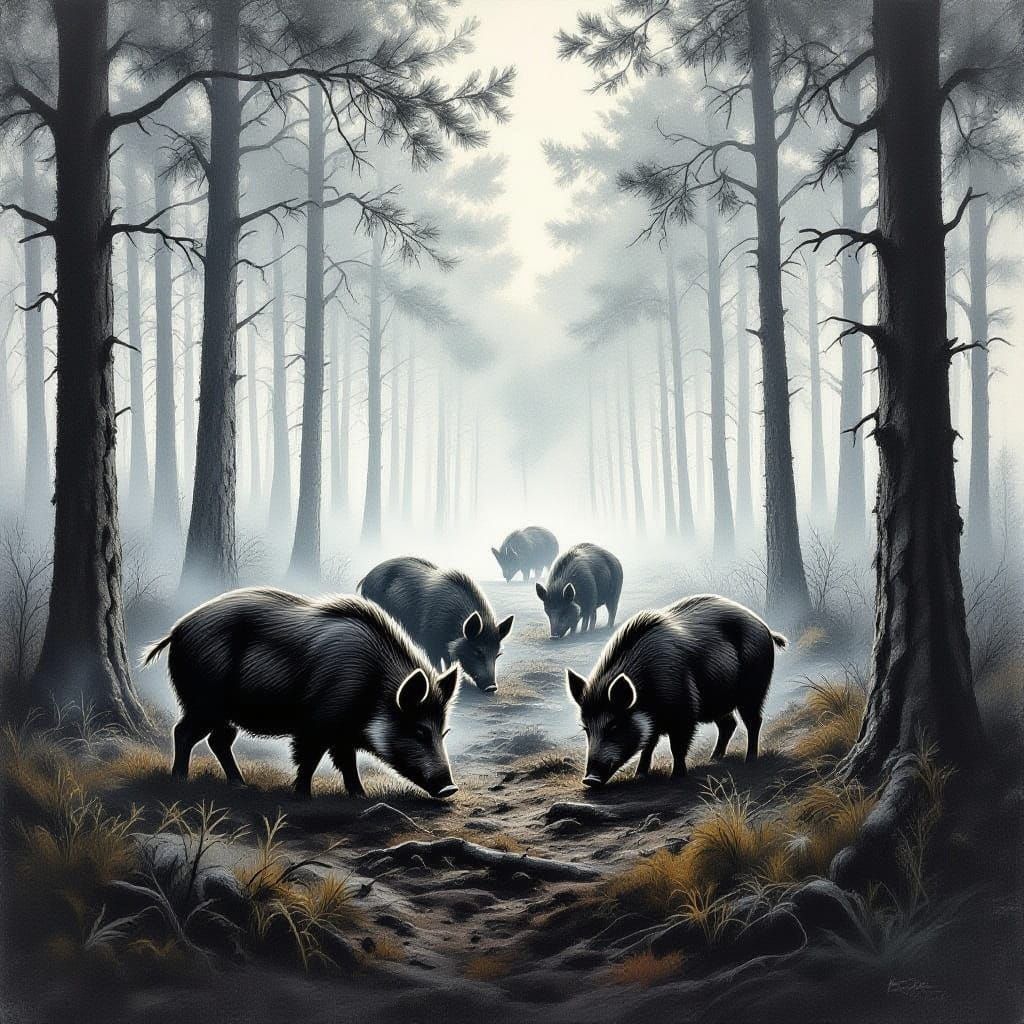 Boar Family in Misty Pine Forest Charcoal Drawing