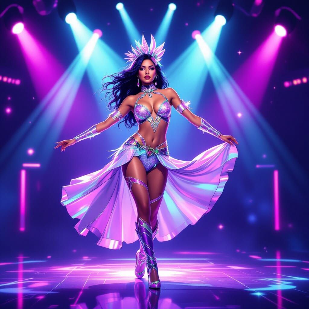 Futuristic Showgirl Dancing in Cyberpunk Neon Discoteque