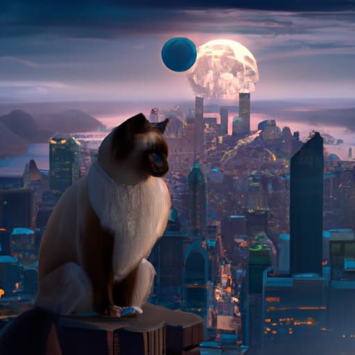 Majestic Ragdoll Cat Overlooking Moonlit City