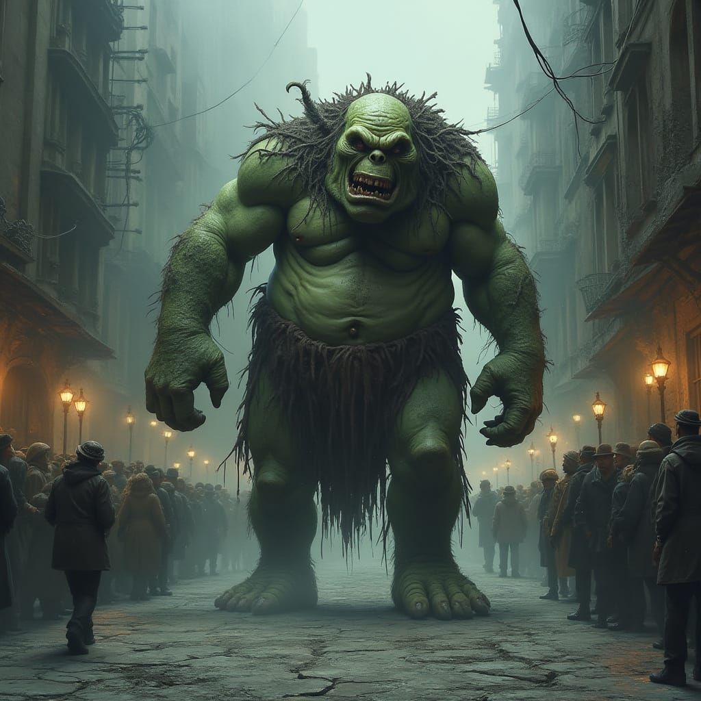 Gothic Ogre Strolls Through Dark City Streets