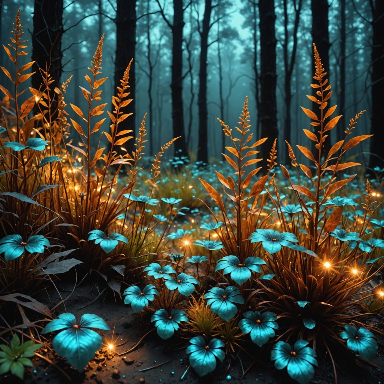 Metallic Botanicals in a Bioluminescent Metallic Forest