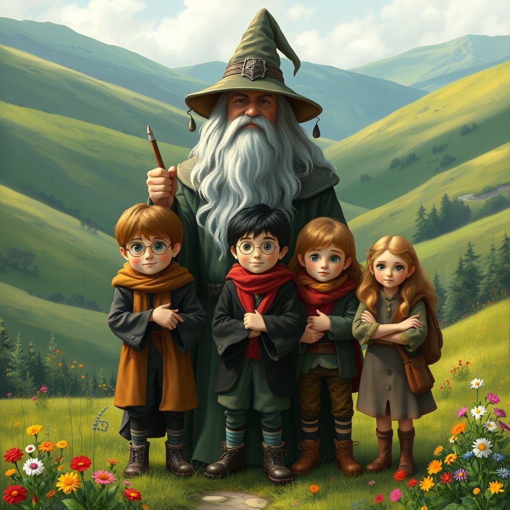 Gandalf and Hobbit Harry Potter in Shire Landscape