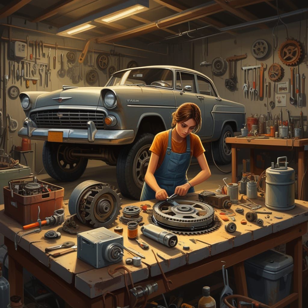 Woman Mechanic Repairs Transmission in Golden Hour Garage