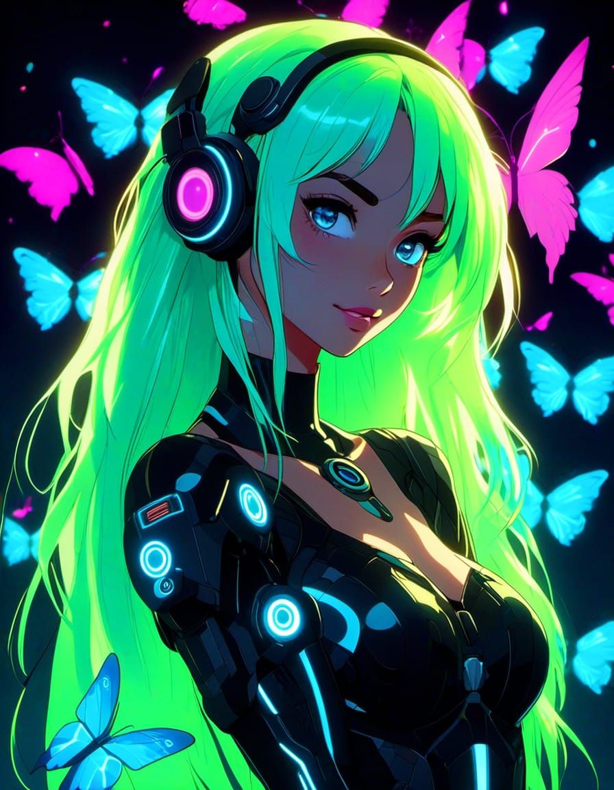 girl with glowing deep green hair and fluorescent glowing bl...