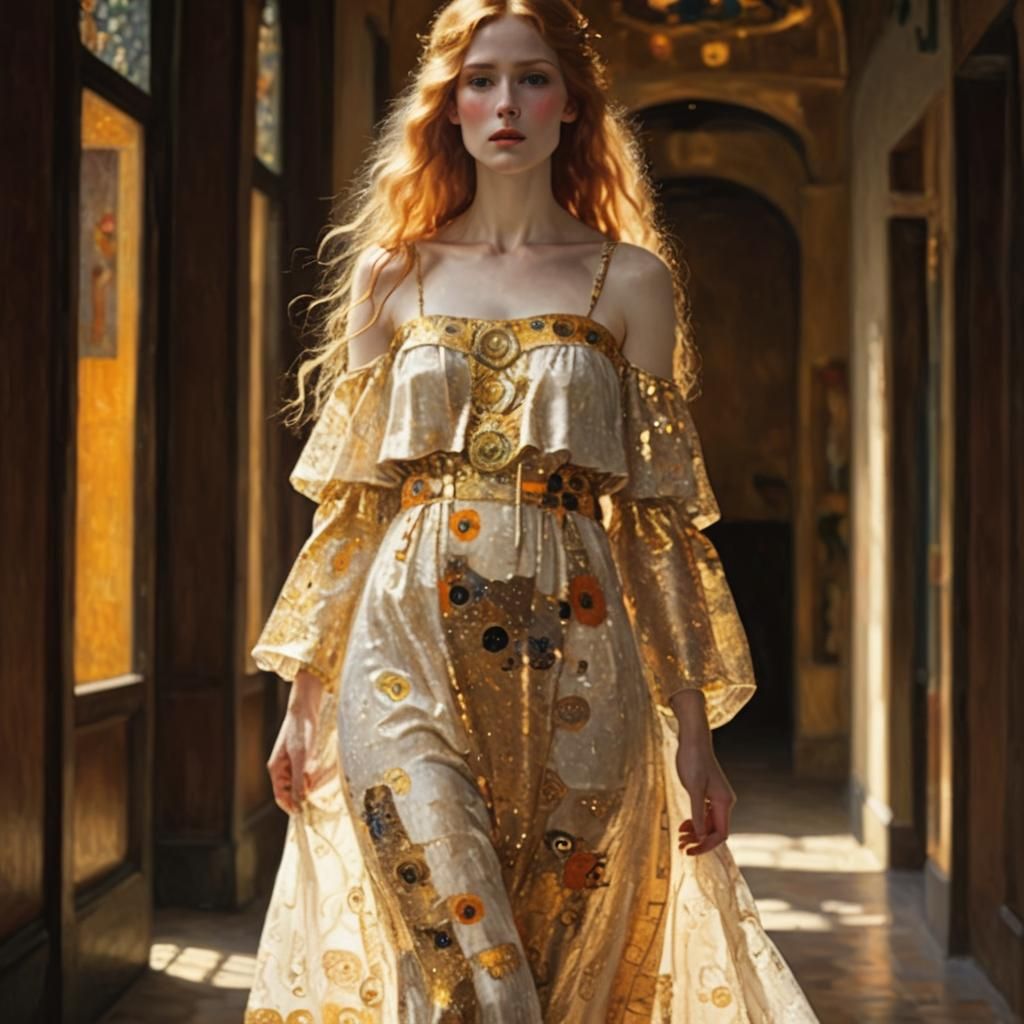 Beautiful Woman in Gustav Klimt Style Sunset