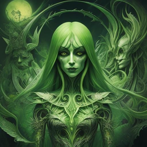 Surreal Green Gods in Mixed Media Style