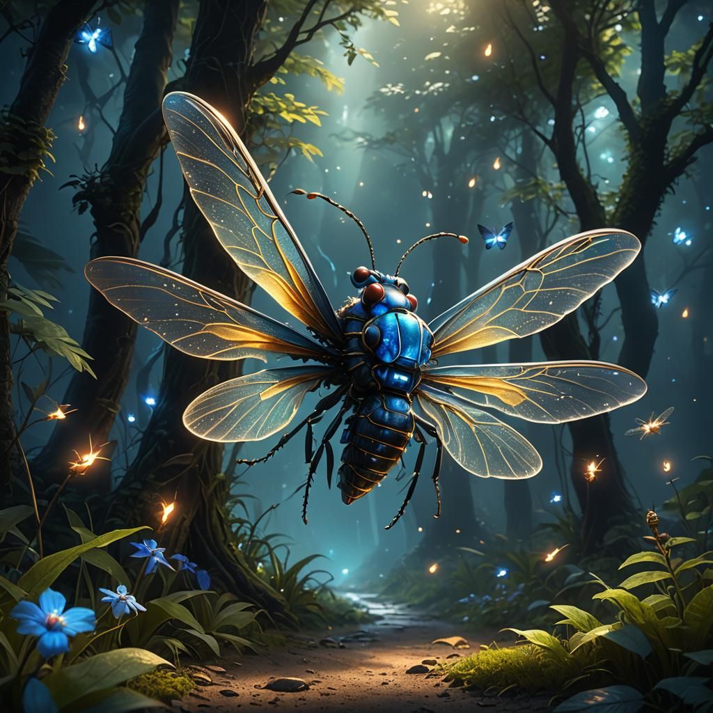 Radiant Blue Firefly's Journey: Fantasy Concept Art