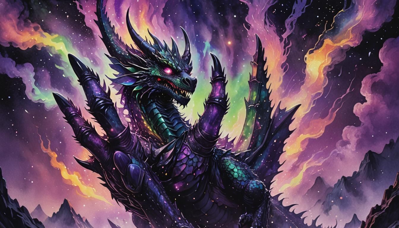 Dragon Hand Emerges from Cosmic Mist in Watercolor