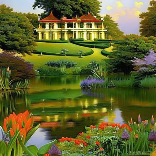 Colorful Garden with Mansion in Hudson River Style