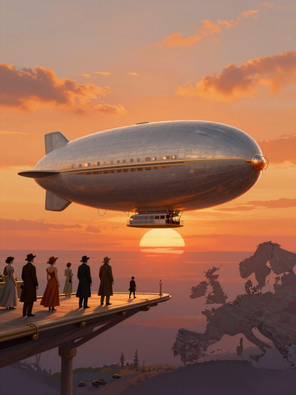 Retrofuturistic Airship Landing in Orange Hues