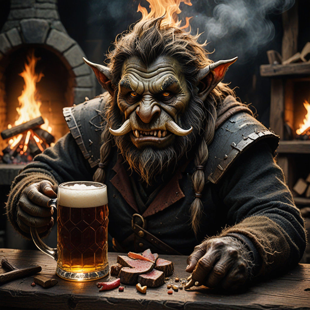 Moody Dark Fantasy Troll Portrait with Beer and Gnome Roast