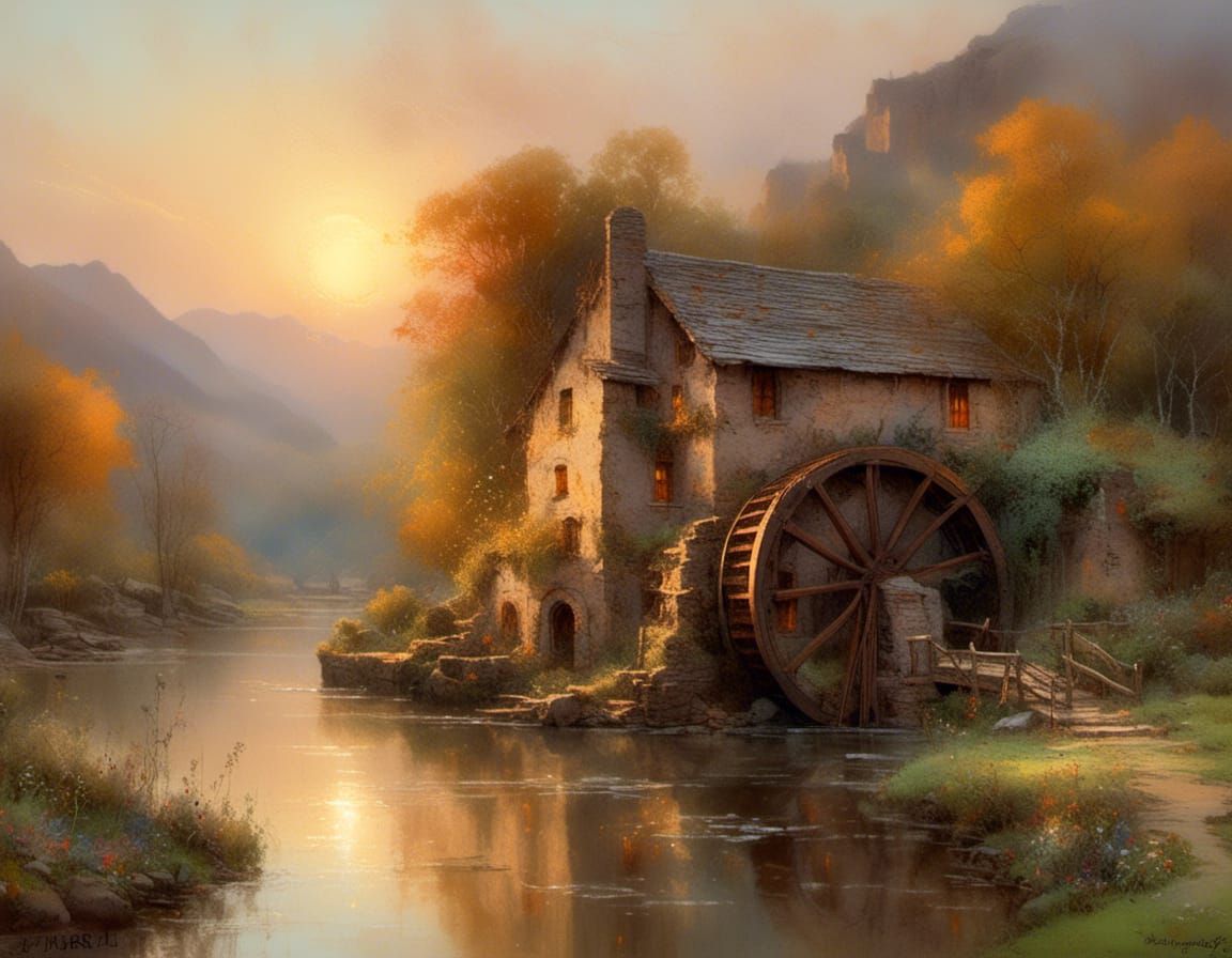 Impressionist Mill Landscape with Sunrise and River