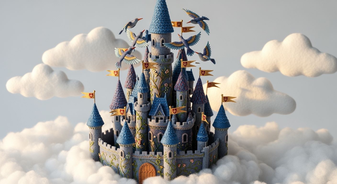 Felt Castle Floating in Felt Clouds, Whimsical Illustration
