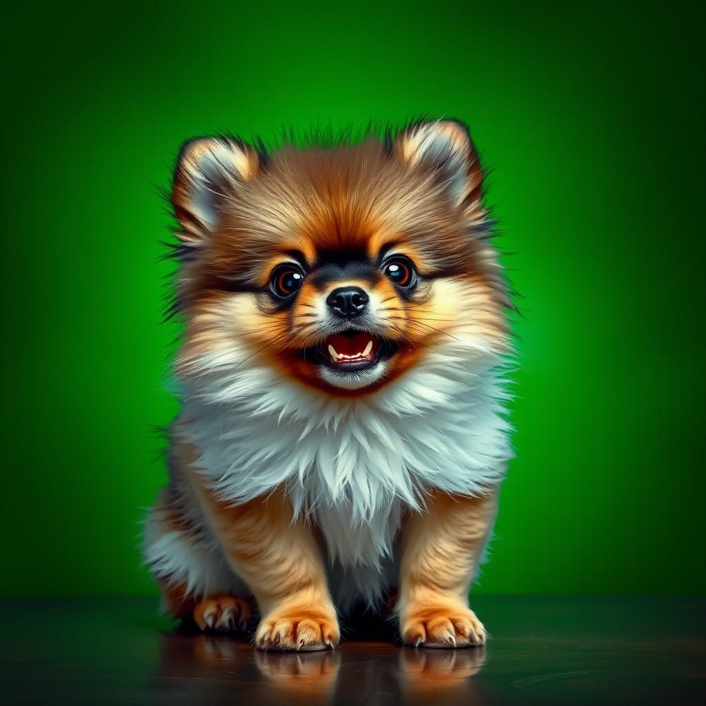 Depict an end Pomeranian puppy with a small button nose thick fur, a tabletop. The puppy exhibits a of surprise, its mou...