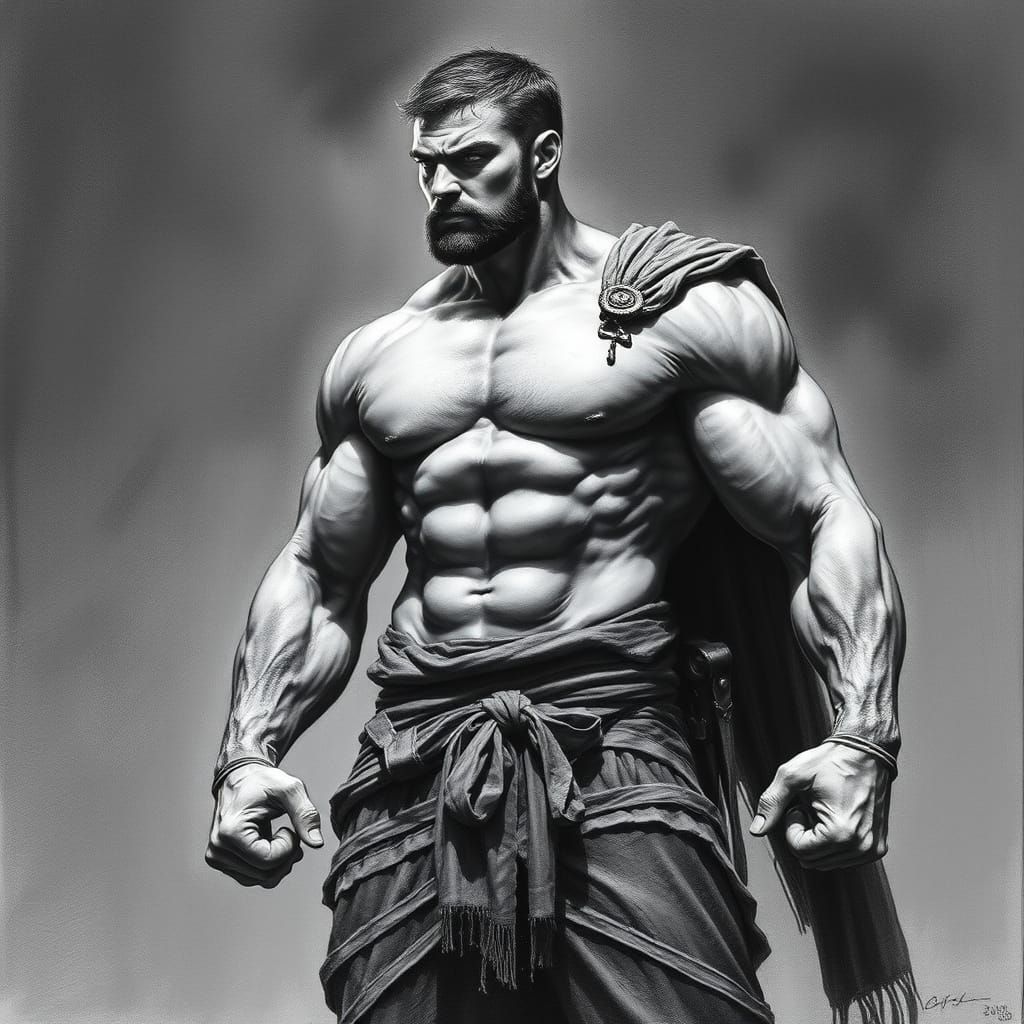 Hyperdetailed Charcoal Drawing of Muscular Figure