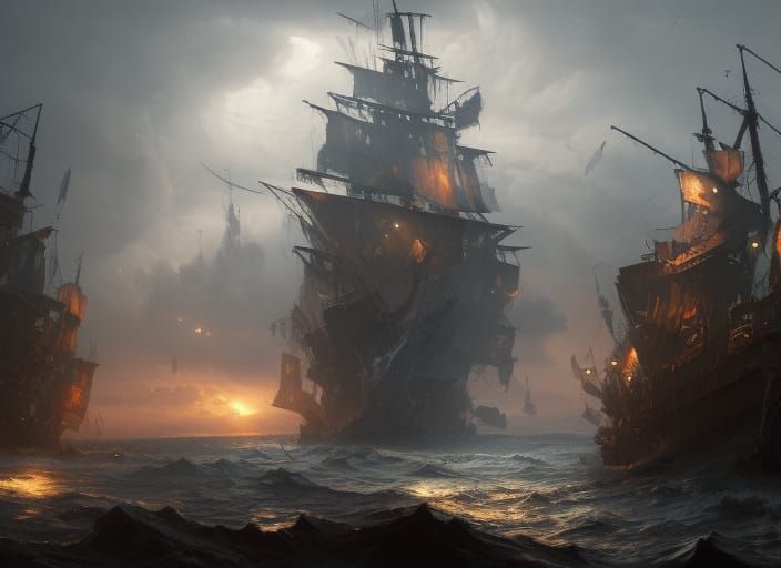 Pirate Ship in Dark Fantasy Landscape