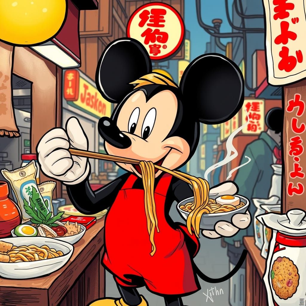 Mickey Mouse Slurping Ramen, Pop Art Illustration