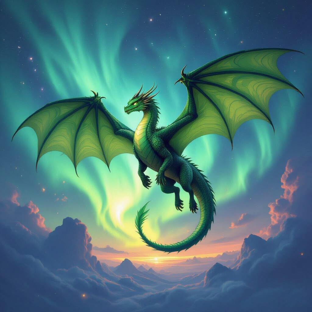Emerald Dragon Soars Under Aurora Borealis Sky