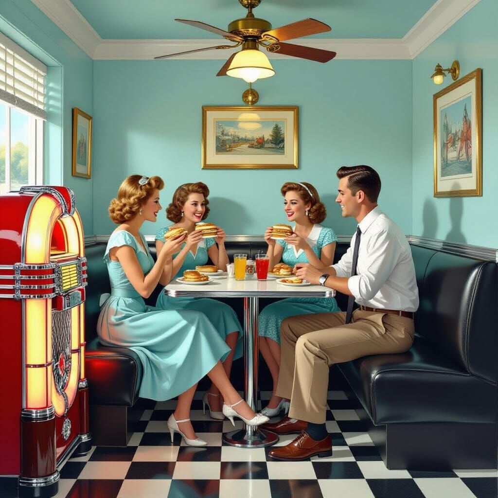 1950s Diner Scene with Retro Fashion and Jukebox