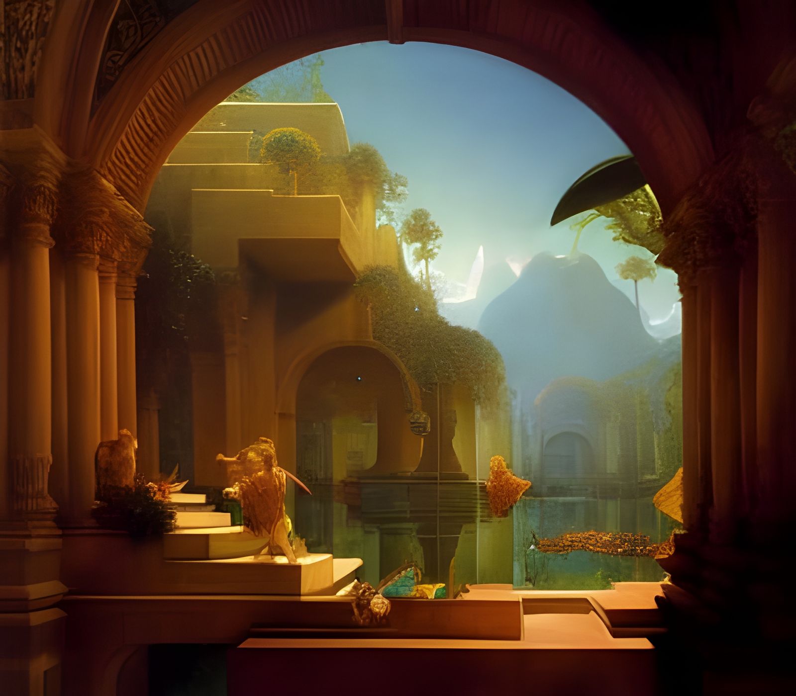 Lush Temple of Life: Detailed and Beautiful Painting