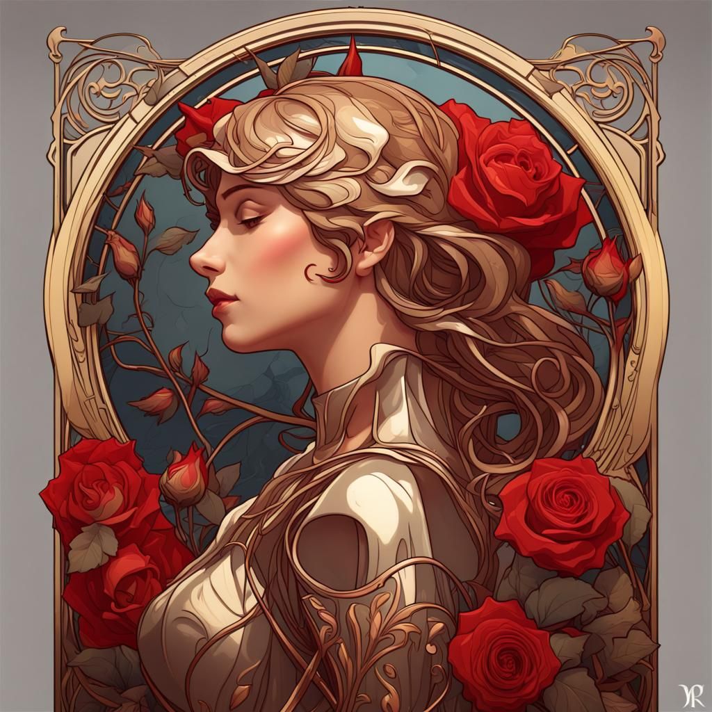 Art Nouveau Knight with Roses, Mucha Style