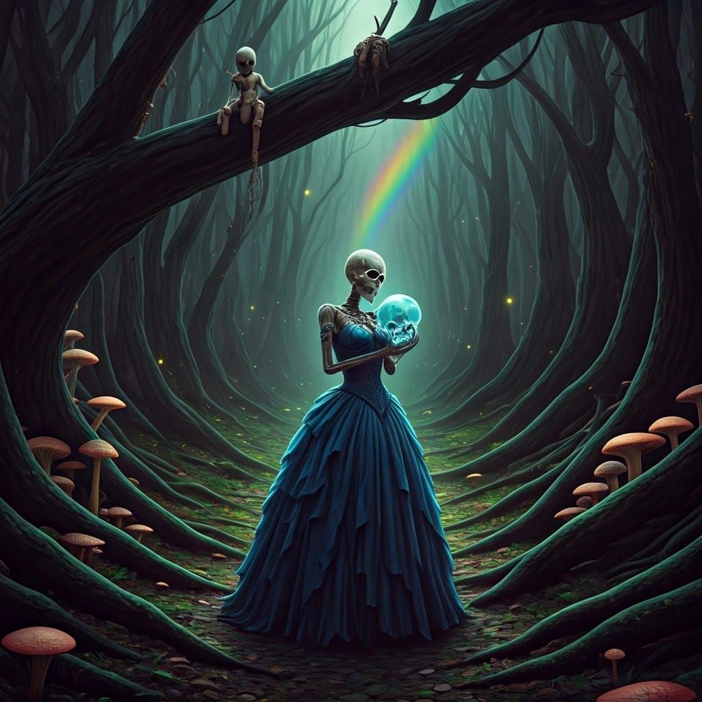 Eerie Forest Scene with Skeleton, Doll and Clown