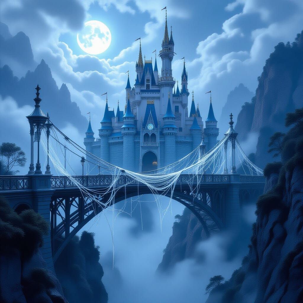 Silver Spider Web Castle Over Misty Chasm