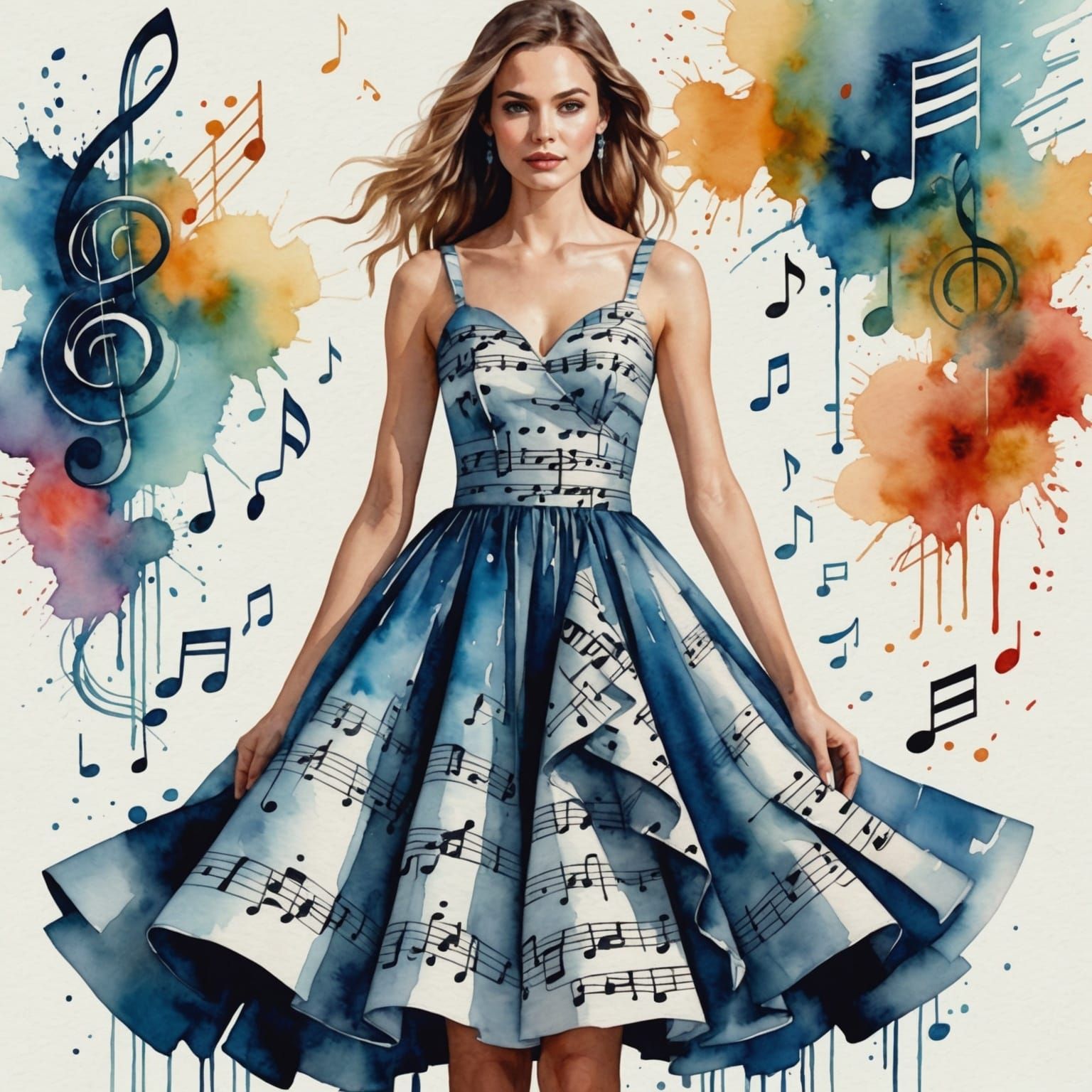 Woman's Dress Made of Music Notes in Watercolor