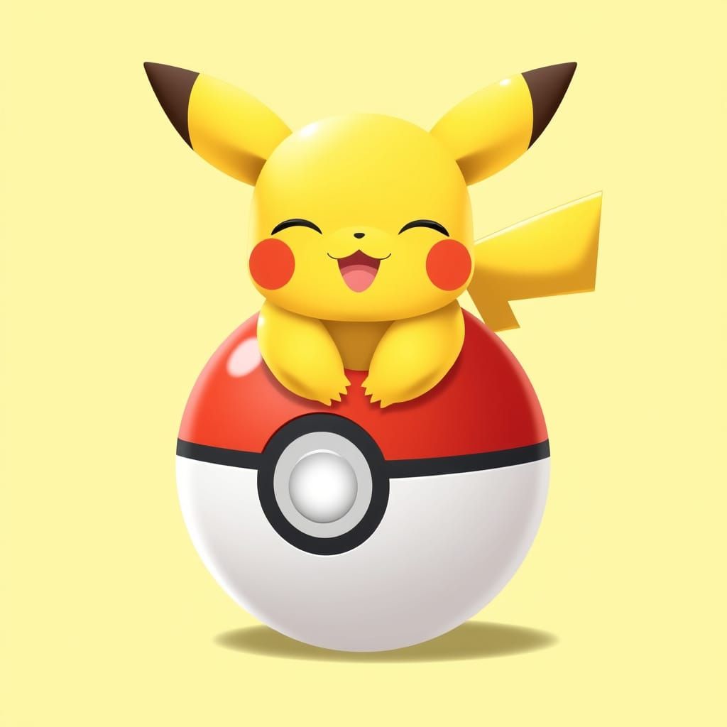 Adorable Baby Pikachu Smiles on Red Pokeball