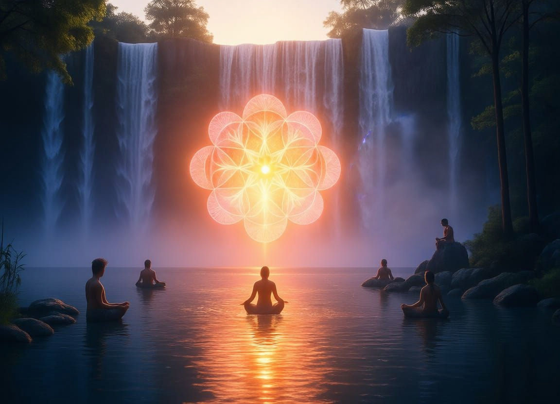 Sacred Waterfall Cathedral With Light Geometry