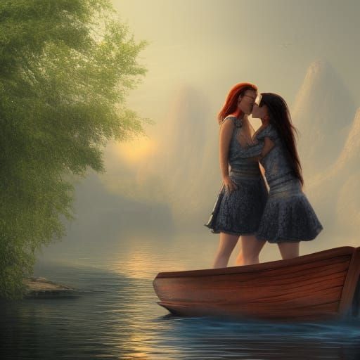 Two Women Kissing on River Boat, Detailed Painting