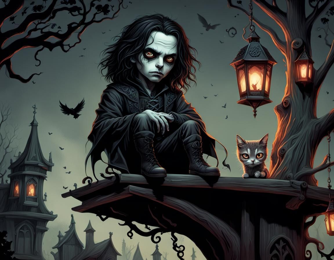 A hyperrealistic young Chibi styled big eyed Eric Draven as ...