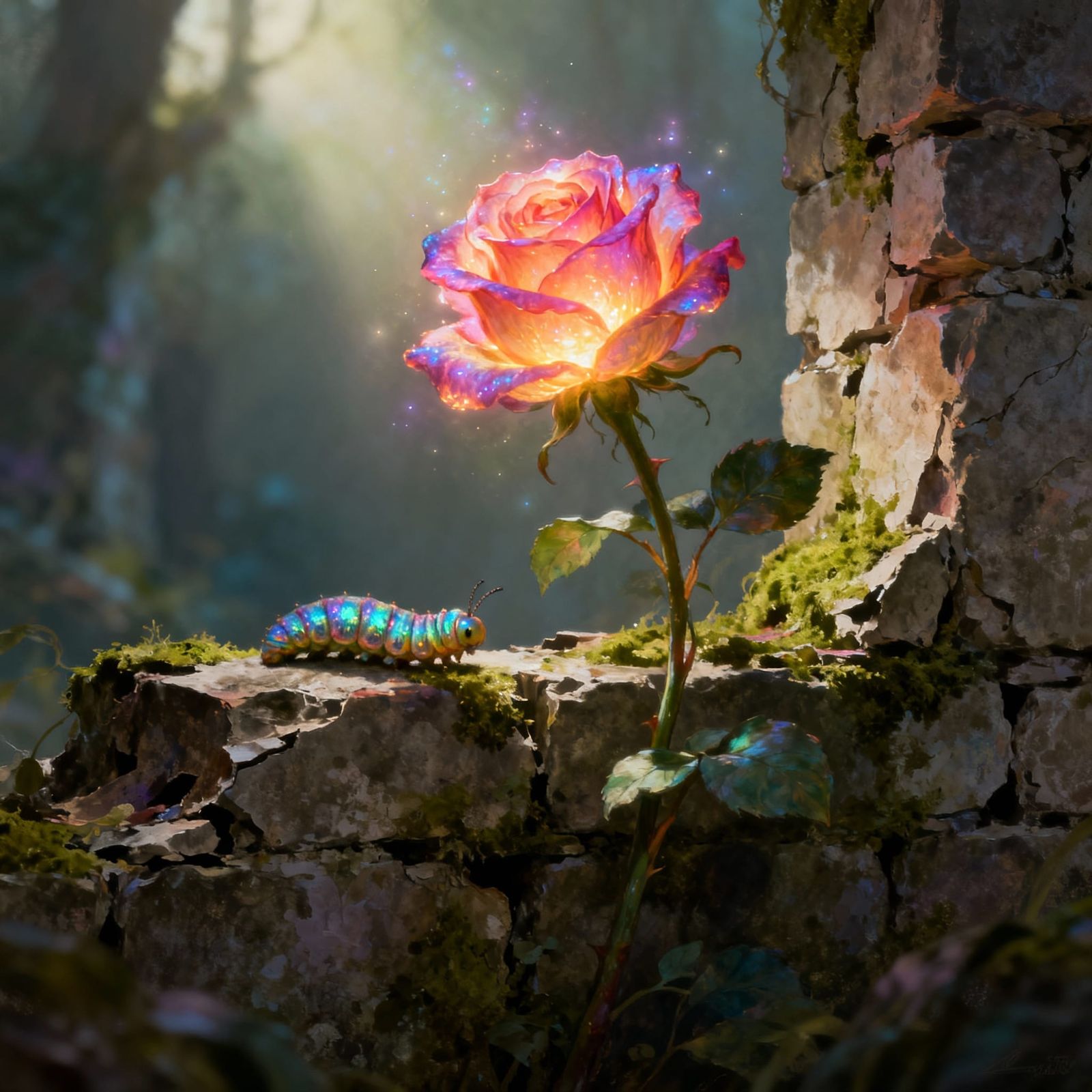 Fantasy Rose Blooms in Cracked Wall with Caterpillar